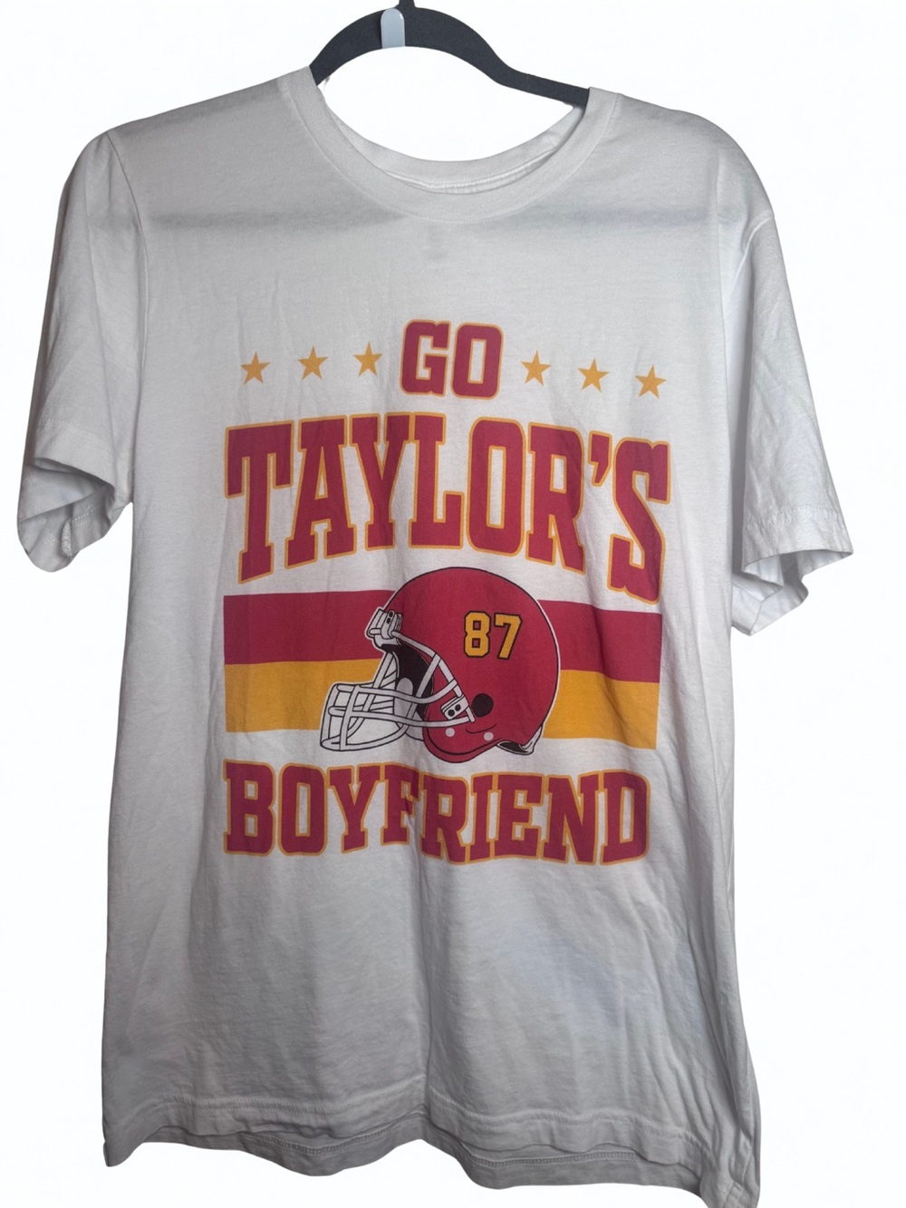 Boyfriend White Graphic Tee with Red & Gold Design